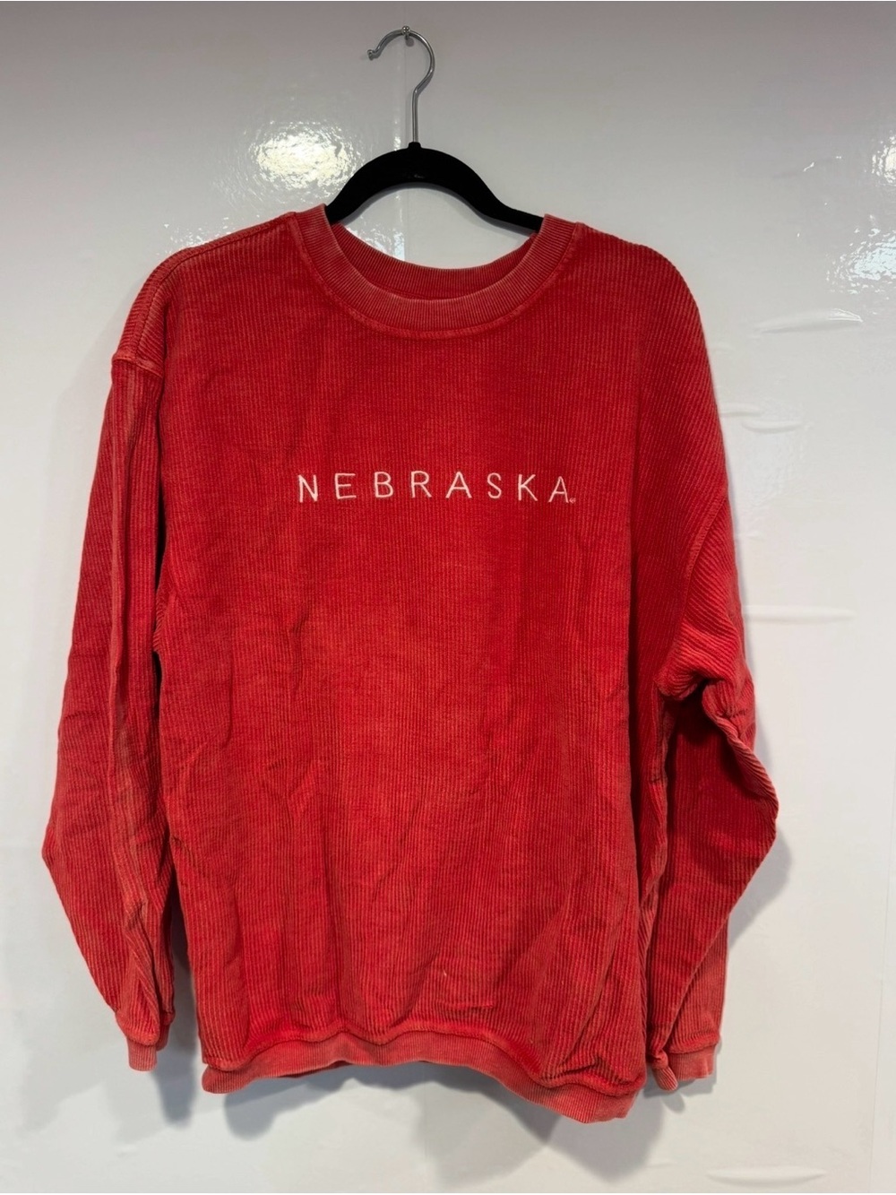 chic Red Corduroy Nebraska Crewneck Sweater